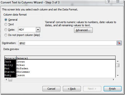 Excel 2010: Dividi i dati della colonna in due [Analizza celle]