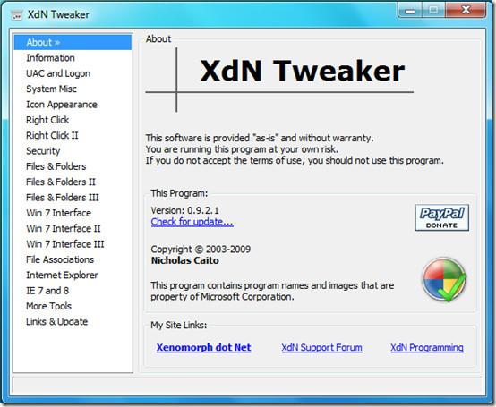 Ajustarea Windows 7 cu XdN Tweaker