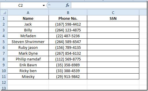 Excel 2010: Adicionar números de telefone e de previdência social padrão (SSNs) Excel 2010: Adicionar números de telefone e de previdência social padrão (SSNs)