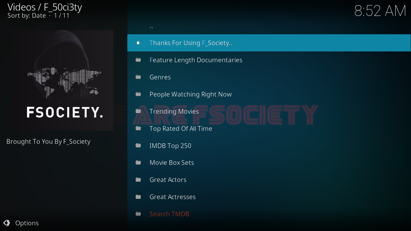 Alat tambah F_50ci3ty (Fsociety) untuk Kodi — Pemasangan dan Ciri