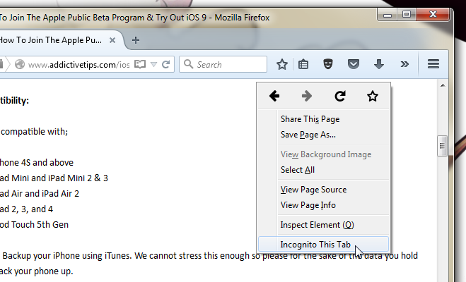 افتح علامة التبويب الحالية في Firefox في الوضع الخاص بنقرة واحدة