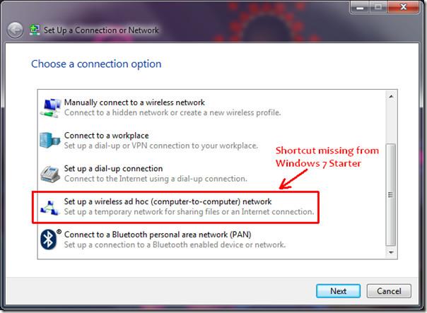 Windows 7 Starter のワイヤレス アドホック ネットワーク