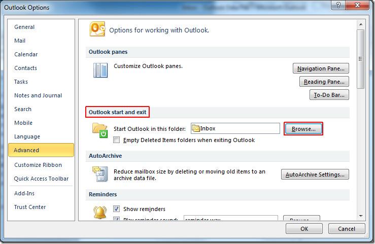 使用 IMAP 收件匣資料夾啟動 Outlook 2010