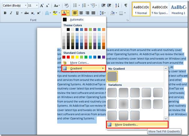 Word 2010 グラデーション塗りつぶしでフォントの色を変更する