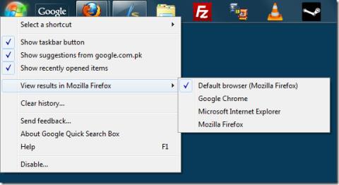 Windows 7 タスクバーの Google クイック検索ボックス
