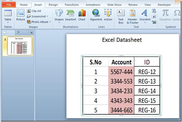 在 PowerPoint 2010 中嵌入 Excel 電子表格