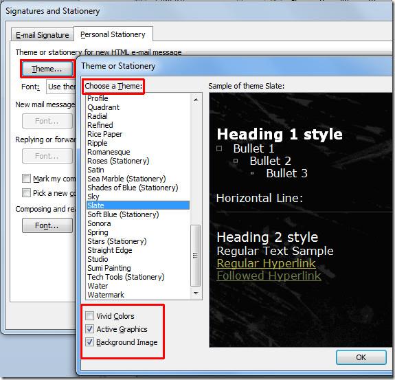 Alterar as configurações de fonte e tema de e-mail padrão no Outlook 2010