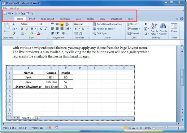 Word 2010 文書に Excel スプレッドシートを追加して埋め込む