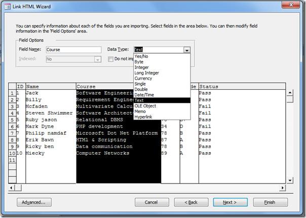 Importar e vincular planilha HTML no Access 2010