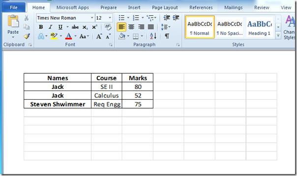 Word 2010 文書に Excel スプレッドシートを追加して埋め込む