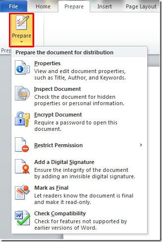 Preparar documento do Word 2010 para distribuição [Menu Preparar]