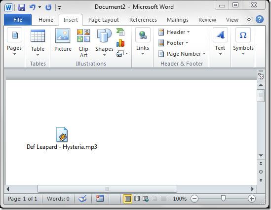 Insertar archivo de audio en Microsoft Word 2010