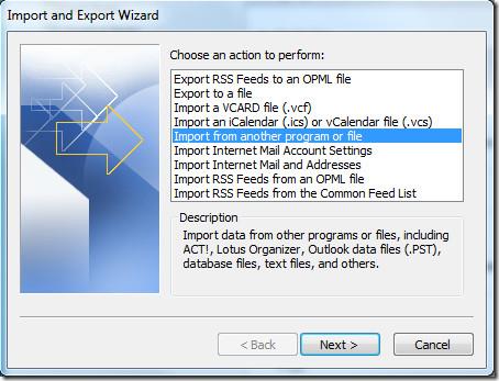 Importazione ed esportazione di Office Outlook 2010