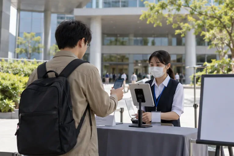 一名背包民眾在現代建築前的活動服務桌前持手機與工作人員確認