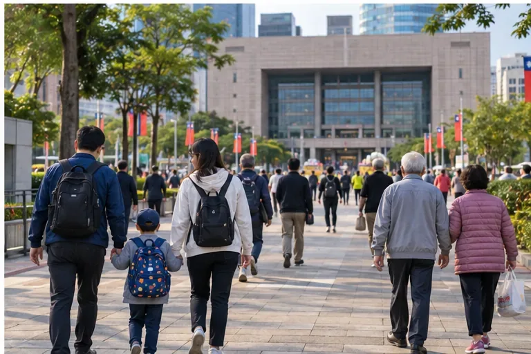 親子與長者沿著市政建築前的人行廣場步行前進的情境畫面