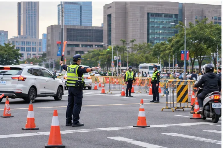 市區道路設置交通錐與護欄，員警在路口引導車流的情境畫面