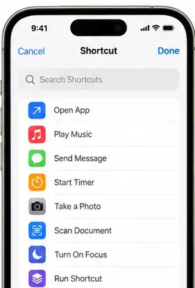 Una schermata di selezione delle scorciatoie con un campo di ricerca ed esempi di scorciatoie come Apri app, Avvia timer, Scansiona documento e Attiva messa a fuoco.