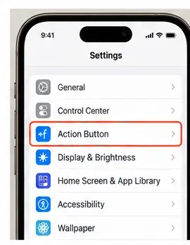 Schermata delle impostazioni dell'iPhone con la riga del pulsante Azione evidenziata.