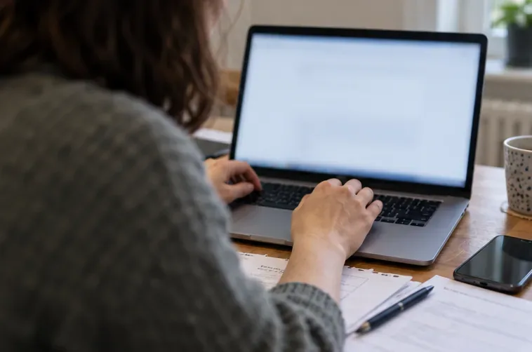 Un contribuente lavora al computer portatile con lo schermo leggermente sfocato e dei documenti sulla scrivania.