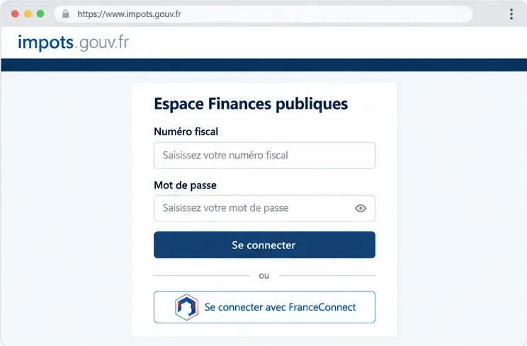 Écran schématique de connexion à l’espace Finances publiques, avec les champs numéro fiscal et mot de passe et l’accès FranceConnect.