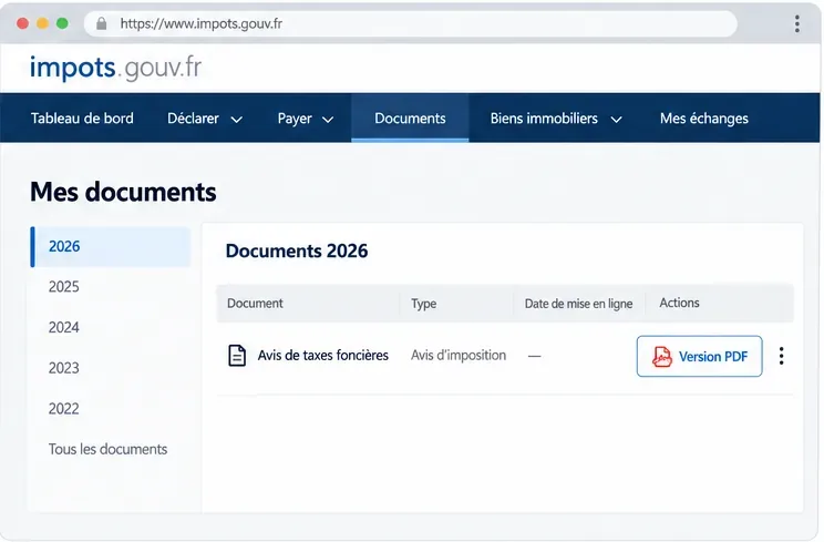 Ligne schématique Avis de taxes foncières dans les documents 2026, avec un bouton Version PDF à droite.