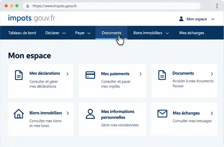 Tableau de bord schématique de l’espace fiscal avec la rubrique Documents mise en évidence dans la barre de navigation.