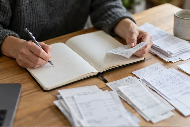 Le mani registrano le entrate aziendali e ordinano le ricevute in un quaderno, preparando le informazioni necessarie per una corretta dichiarazione dei redditi.