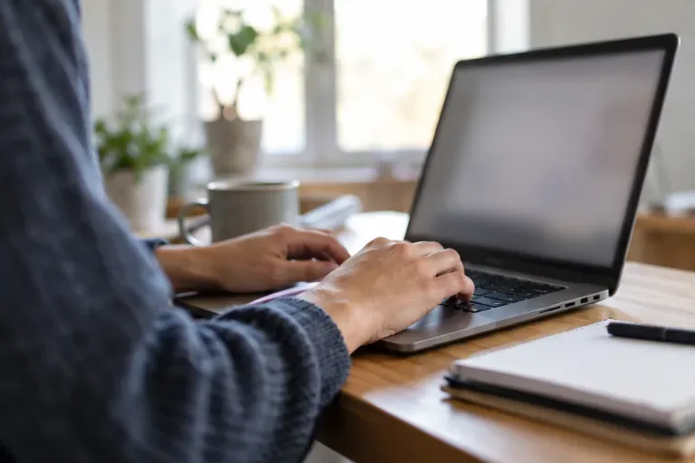 Un lavoratore autonomo utilizza un computer portatile per la gestione amministrativa online, con lo schermo rivolto altrove e senza visualizzare alcun dettaglio del sito web.