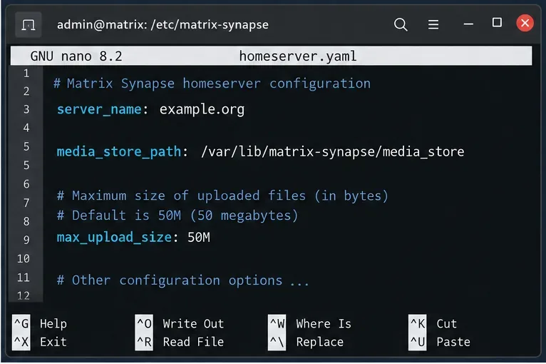 Synapse homeserver.yaml mostrando la configuración de server_name, media_store_path y max_upload_size.