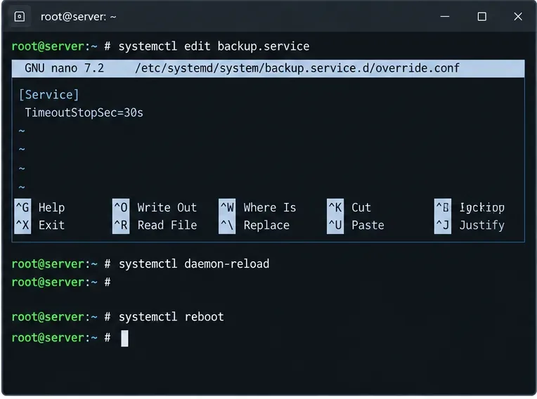 TimeoutStopSec=30s로 systemd 서비스를 재정의한 후 daemon-reload 및 reboot 명령을 실행하는 과정을 보여주는 터미널 화면 예시입니다.
