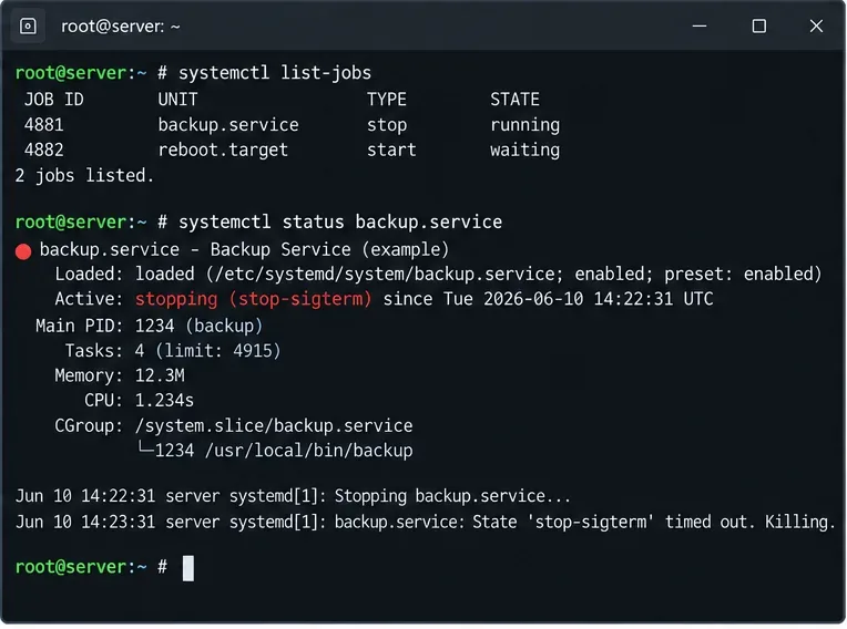 백업 서비스가 중지되는 동안 systemctl list-jobs 및 systemctl status 명령을 실행한 결과를 보여주는 예시 터미널 화면입니다.