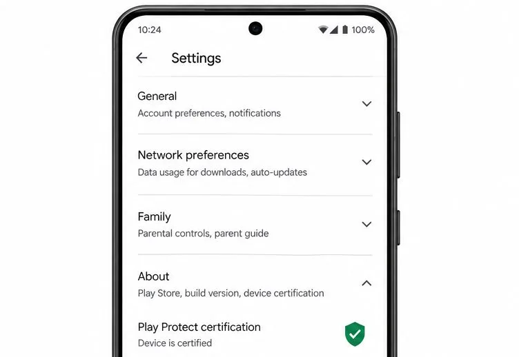 Google Play 스토어 설정의 '정보' 섹션에 Play Protect 인증 및 기기 인증 상태가 표시됩니다.