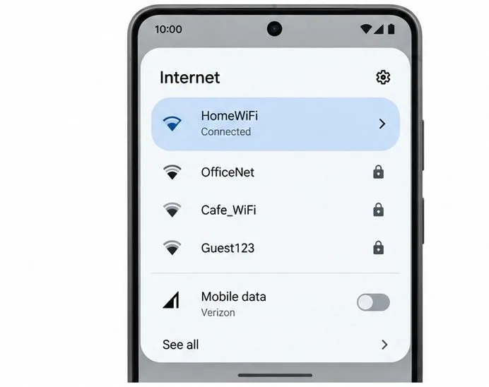 안드로이드 인터넷 설정 화면에는 연결된 Wi-Fi 네트워크, 기타 네트워크 및 모바일 데이터 제어 기능이 표시됩니다.