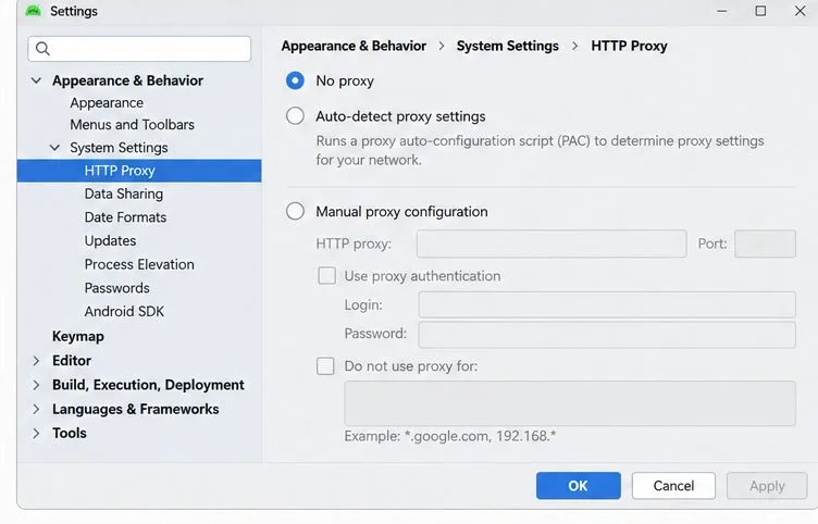Android Studio 설정 대화 상자에서 모양 및 동작, 시스템 설정 및 HTTP 프록시가 선택된 상태입니다.