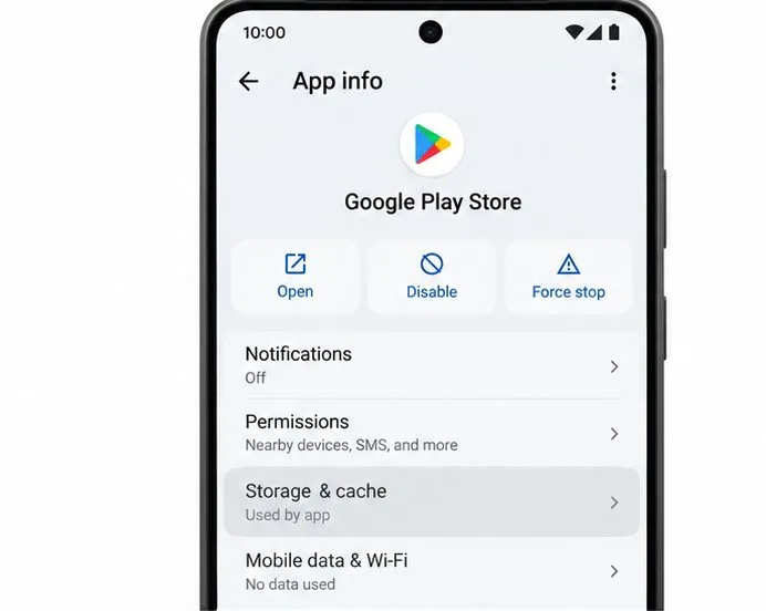 안드로이드 설정에서 저장 공간과 캐시가 표시된 Google Play 스토어 앱 정보 페이지입니다.