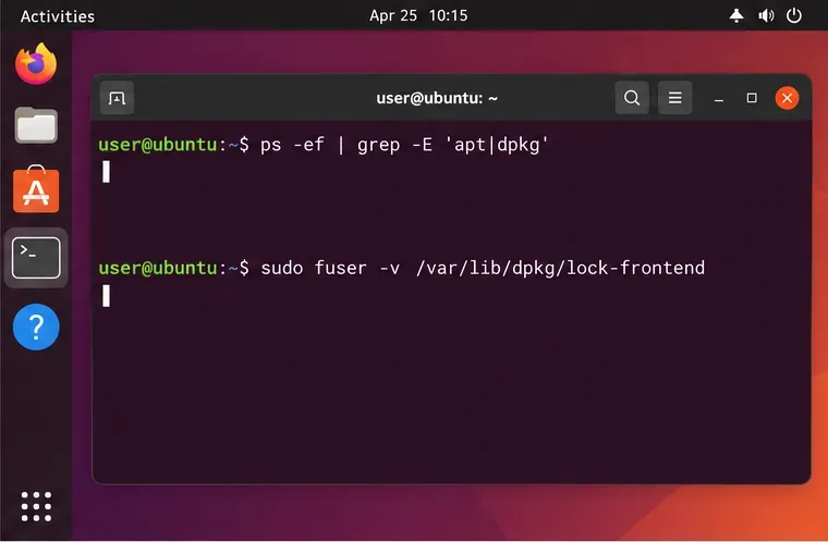 端末はAPTとdpkgのプロセスをチェックし、どのプロセスがフロントエンドロックにアクセスしているかをfuserに問い合わせます。