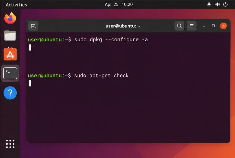 パッケージ操作がアクティブになっていないことを確認した後、dpkgの設定とAPTの依存関係チェックを実行できます。