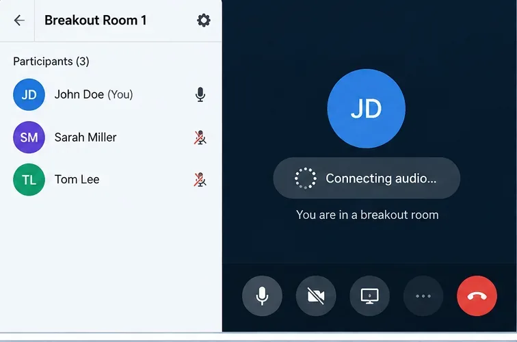 Interfaz de la sala de grupos 1 que muestra a un participante atascado en "Conectando audio".