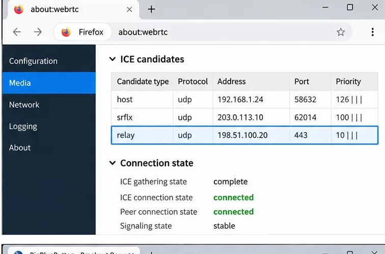 Pantalla about:webrtc de Firefox que muestra los candidatos ICE host server-reflexive y relay con un estado conectado.
