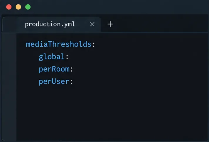 production.yml이라는 제목의 텍스트 편집기 목업으로, mediaThresholds, global, perRoom, perUser 키가 비어 있는 상태로 표시됩니다.