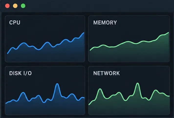 CPU, 메모리, 디스크 I/O 및 네트워크 추세 패널을 포함하는 범용 모니터링 대시보드입니다.