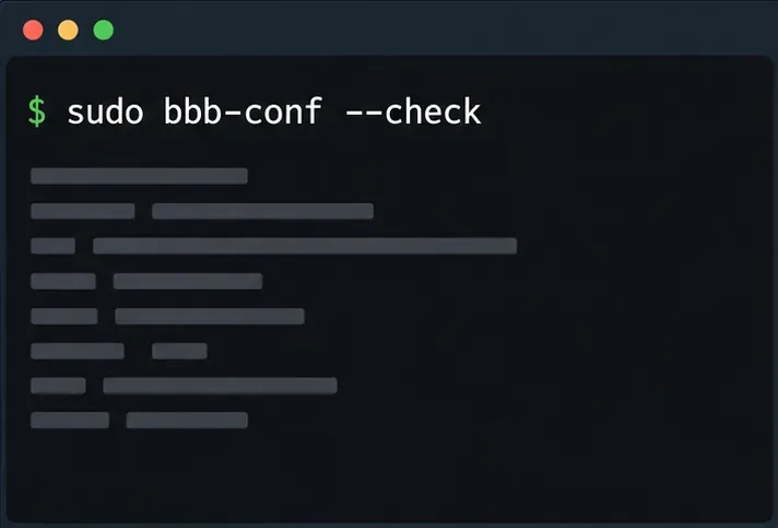 리눅스 터미널에서 `sudo bbb-conf --check` 명령어를 실행한 결과, 진단 출력 줄이 가려진 모습입니다.