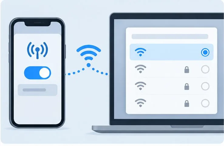 ノートパソコンの隣に置かれたスマートフォンのホットスポットで、選択されたWi-Fiネットワークが表示されており、別の接続での比較テストを表している。