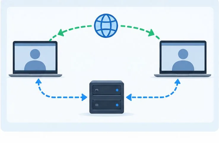 直接経路が利用できない場合に、2つの会議エンドポイントがリレーサーバーを介してメディアを交換する様子を示すWebRTCの概念図。