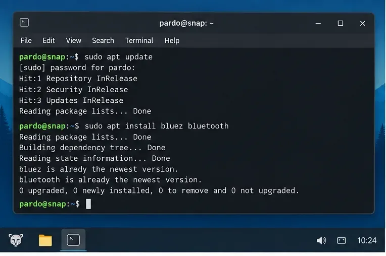 Pardus 終端顯示 apt 正在更新軟體包資訊並檢查 bluez 和 bluetooth 軟體包