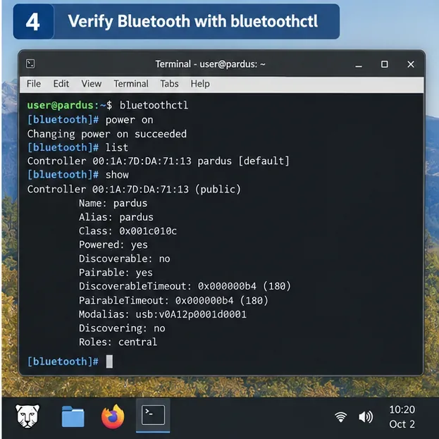 Pardus 終端機顯示 bluetoothctl 列出控制器並報告“已供電”