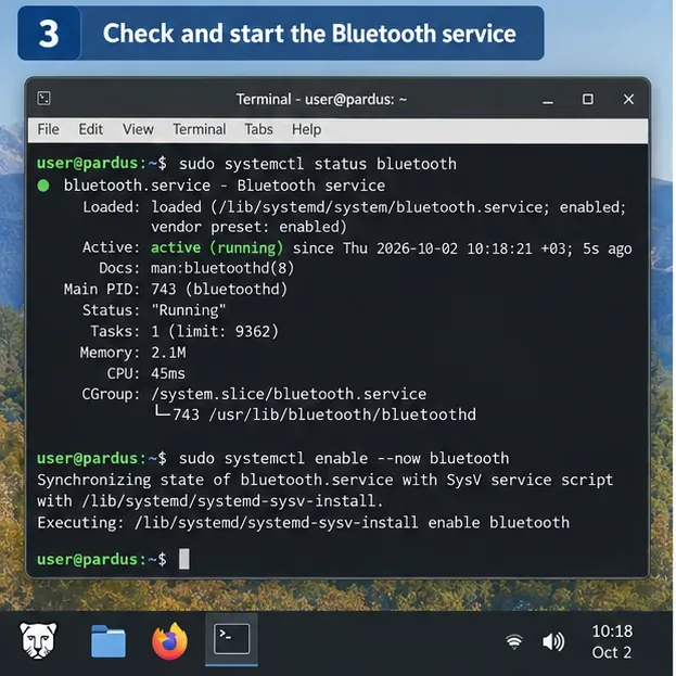 Pardus 終端機顯示藍牙 systemd 服務已啟動並啟用。