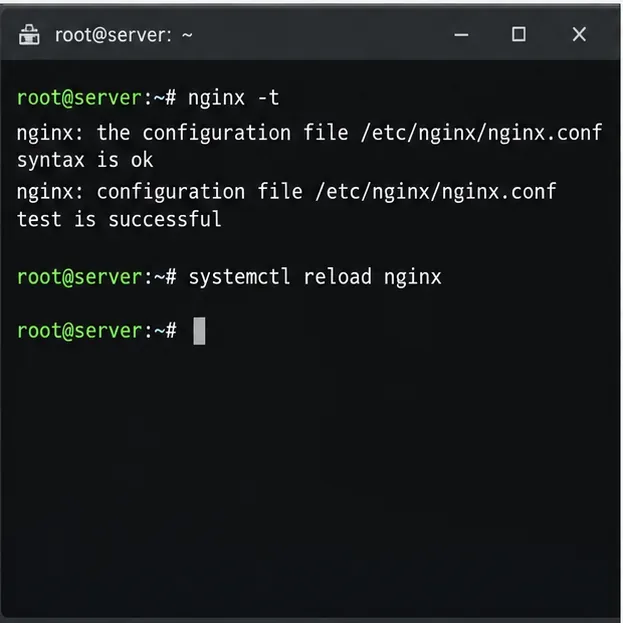 終端機視窗顯示 nginx 設定語法驗證，隨後成功執行了 nginx 重載指令。