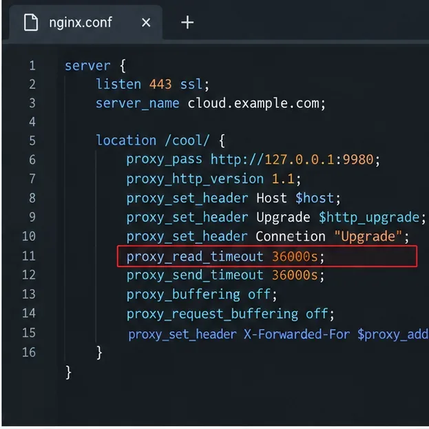 程式碼編輯器高亮顯示了一個 Nginx 伺服器區塊，其中包含 WebSocket 升級標頭和一個較長的代理程式讀取逾時。