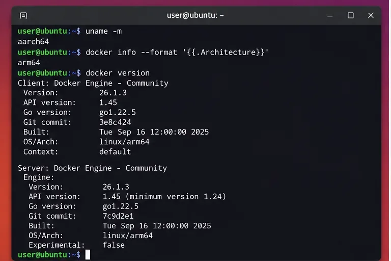 終端機顯示 uname -m 回傳 aarch64,而 Docker 報告 Linux 主機上的是 arm64